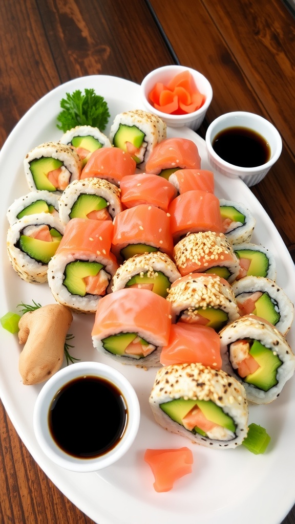 Delicious California sushi rolls with avocado, cucumber, and crab served with soy sauce and garnishes.